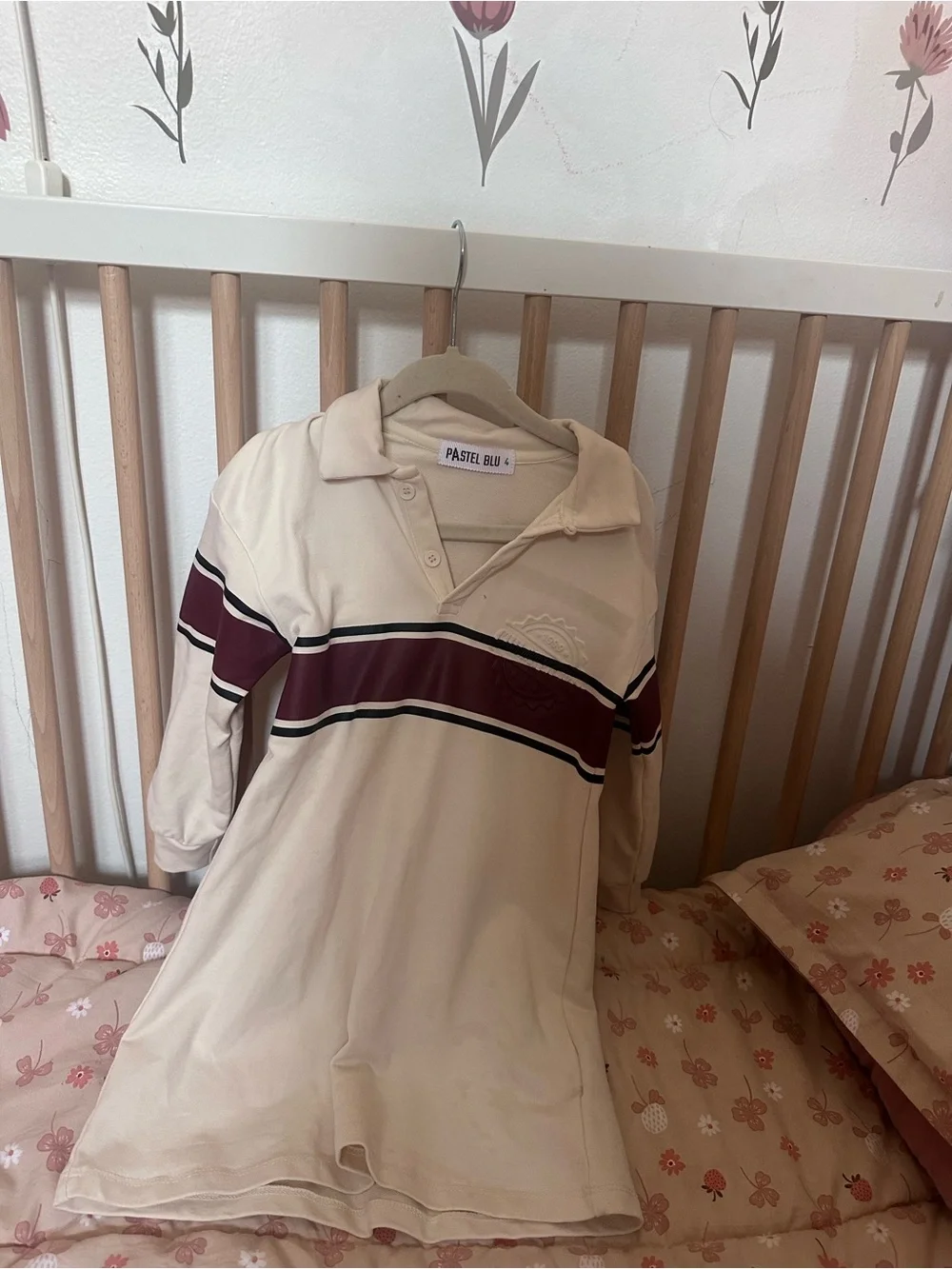Girls' Cream Polo Dress with Burgundy Stripe